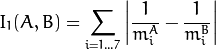 I_1(A,B) =  \sum _{i=1...7}  \left |  \frac{1}{m^A_i} -  \frac{1}{m^B_i} \right |